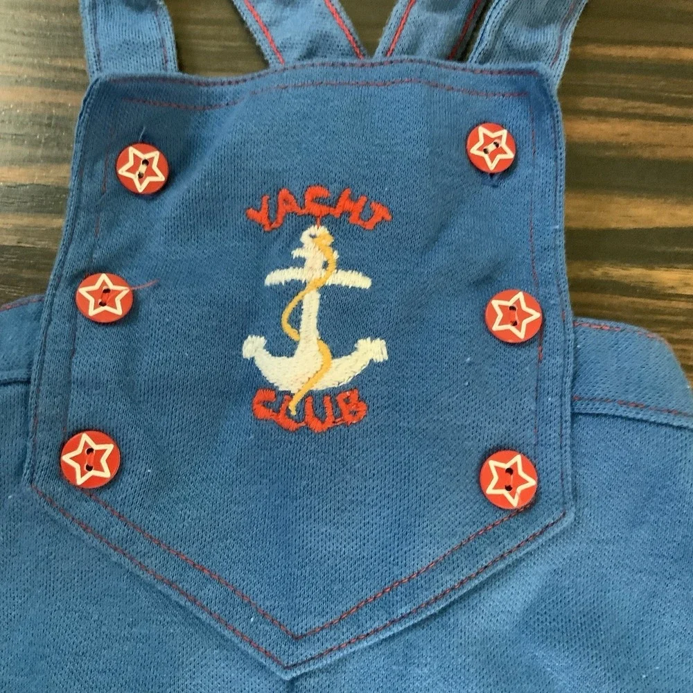 VTG Carters Baby Sz 12M Yacht Club Blue One Piece Romper Sunsuit Patriotic Stars